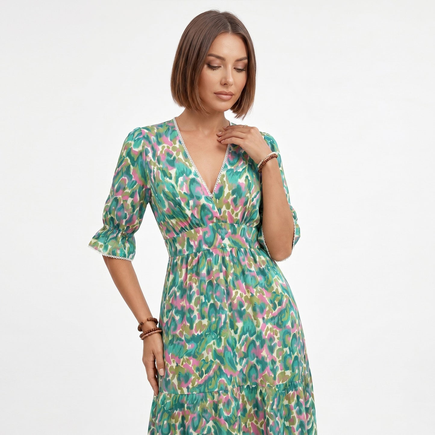 Printed Midi Dress with V Neckline Smocked Waist and Tiered Skirt