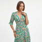 Printed Midi Dress with V Neckline Smocked Waist and Tiered Skirt