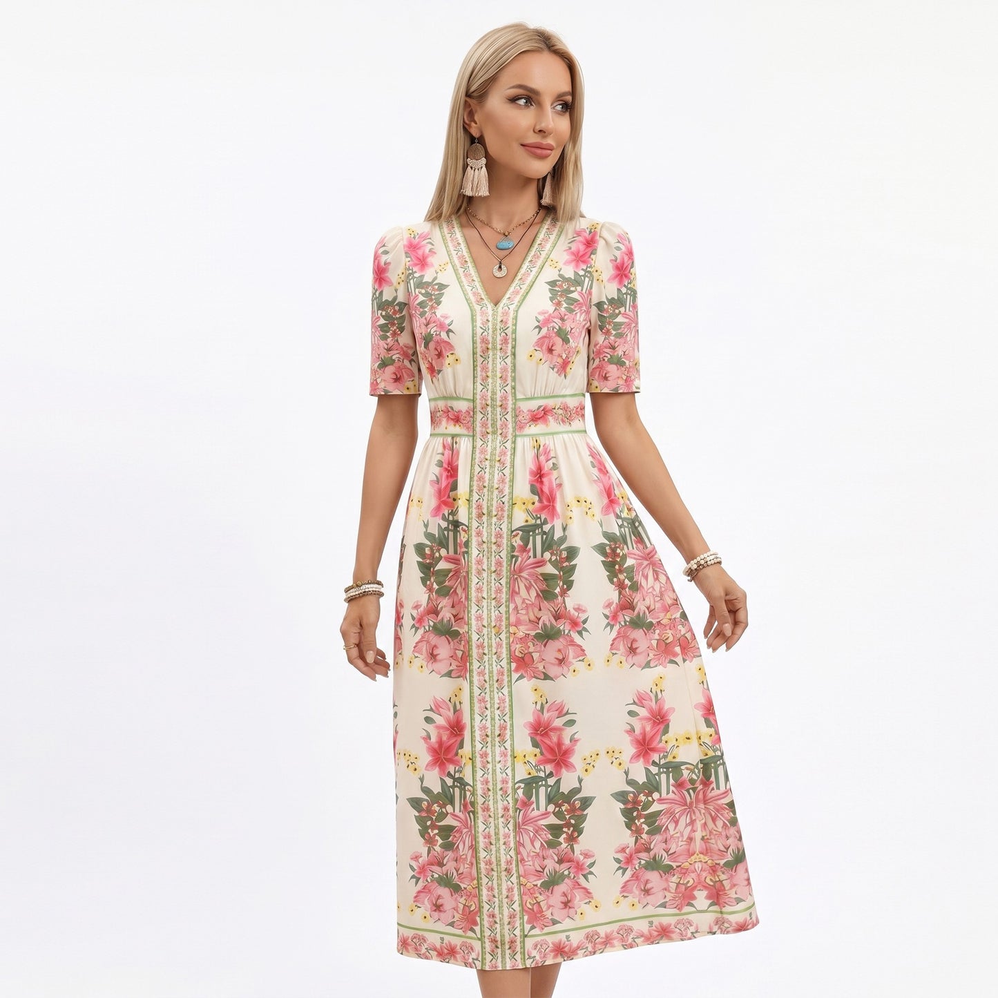 Floral Midi Dress with V Neckline Short Puff Sleeves and Waist Detail