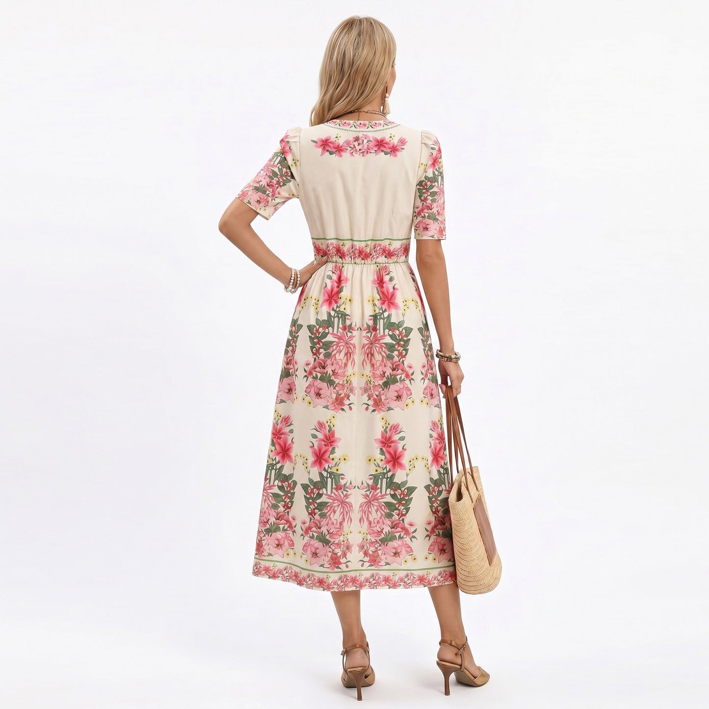 Floral Midi Dress with V Neckline Short Puff Sleeves and Waist Detail
