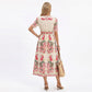 Floral Midi Dress with V Neckline Short Puff Sleeves and Waist Detail