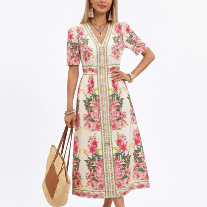 Floral Midi Dress with V Neckline Short Puff Sleeves and Waist Detail