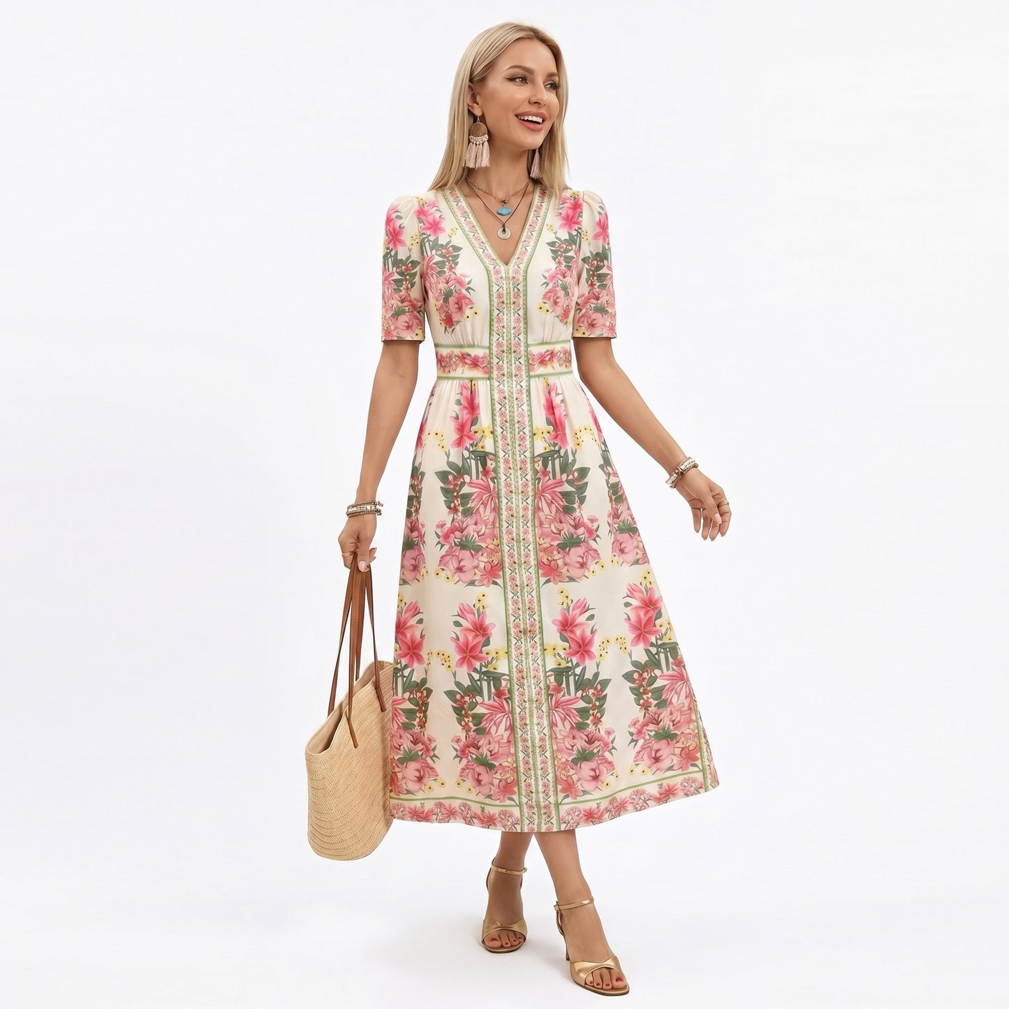 Floral Midi Dress with V Neckline Short Puff Sleeves and Waist Detail