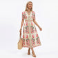 Floral Midi Dress with V Neckline Short Puff Sleeves and Waist Detail