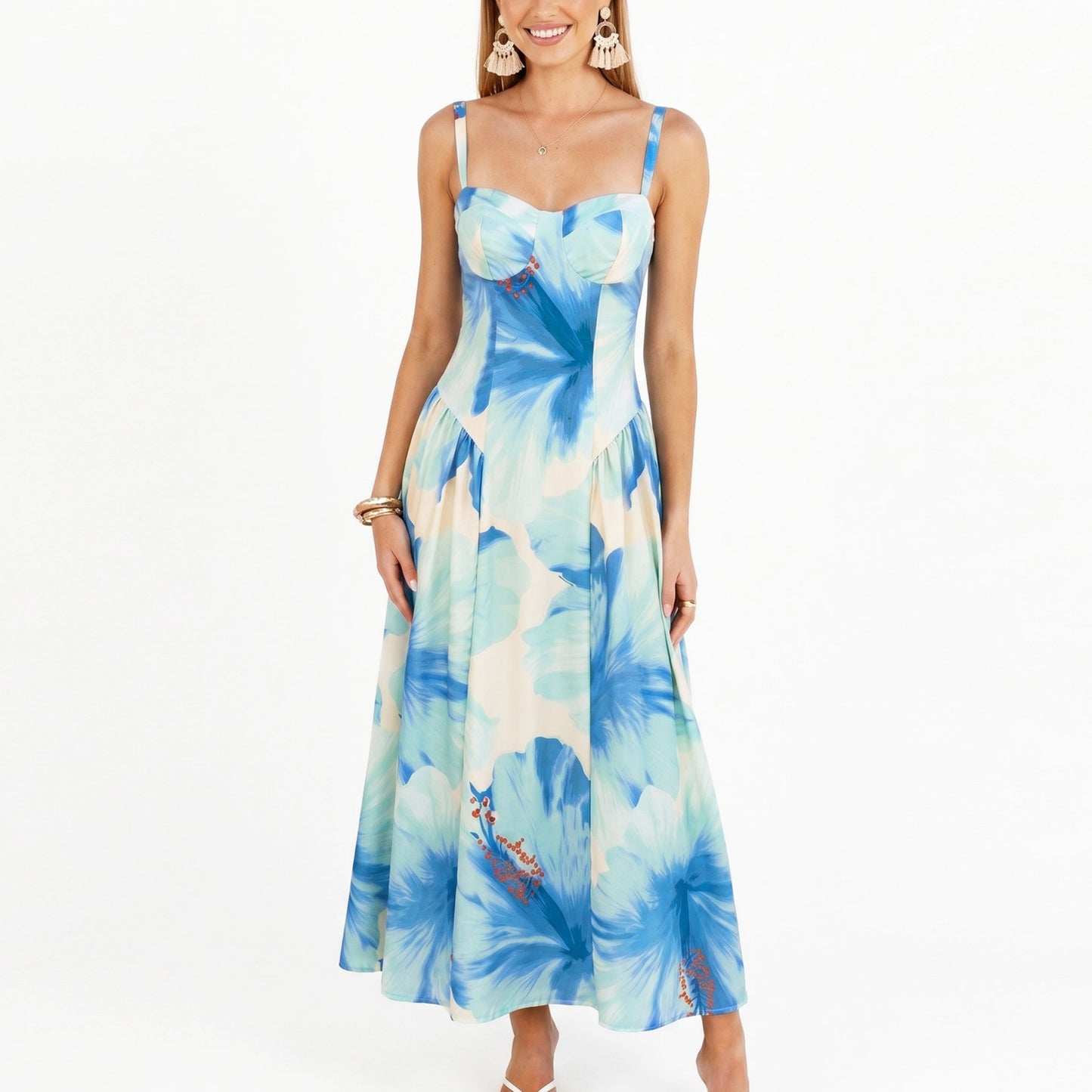 Floral Maxi Dress with Sweetheart Bodice and Smocked Back