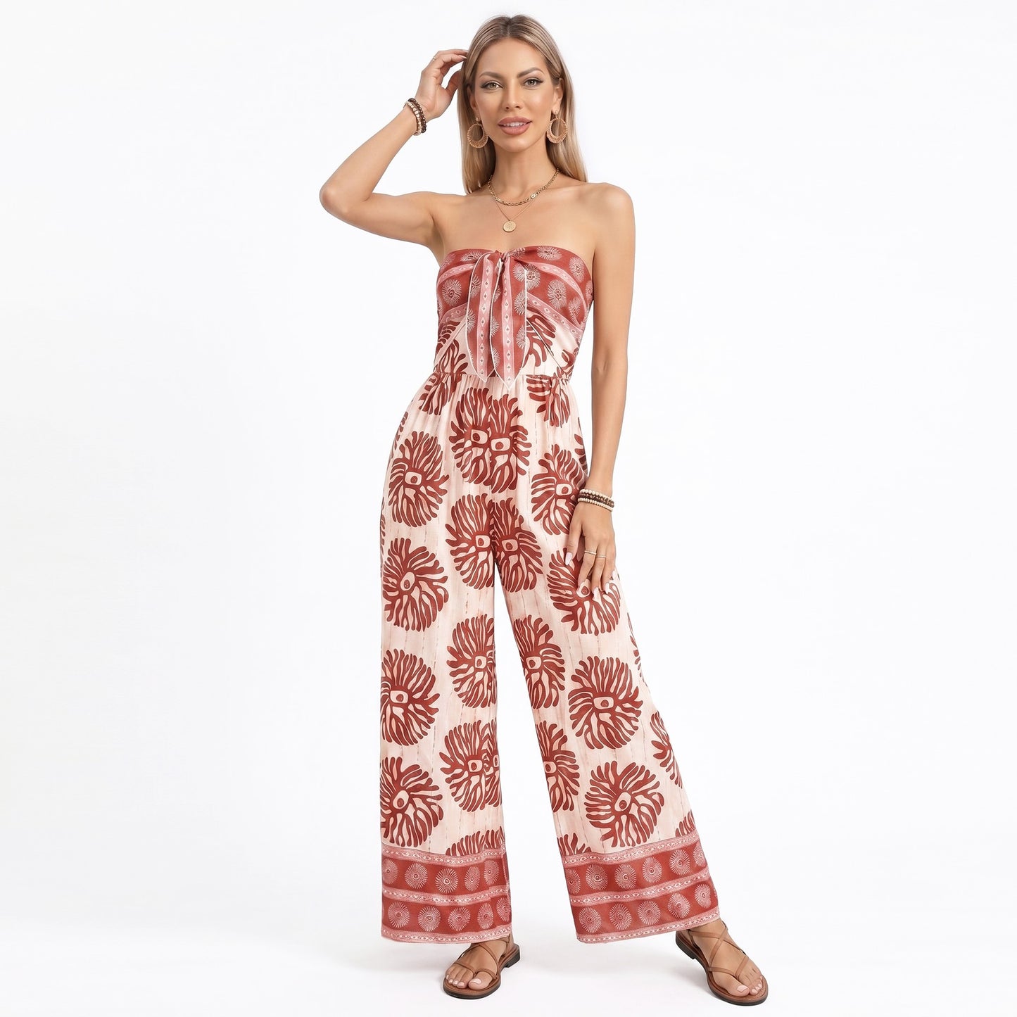 Strapless Wide Leg Jumpsuit with Tie Front Bodice and Printed Design