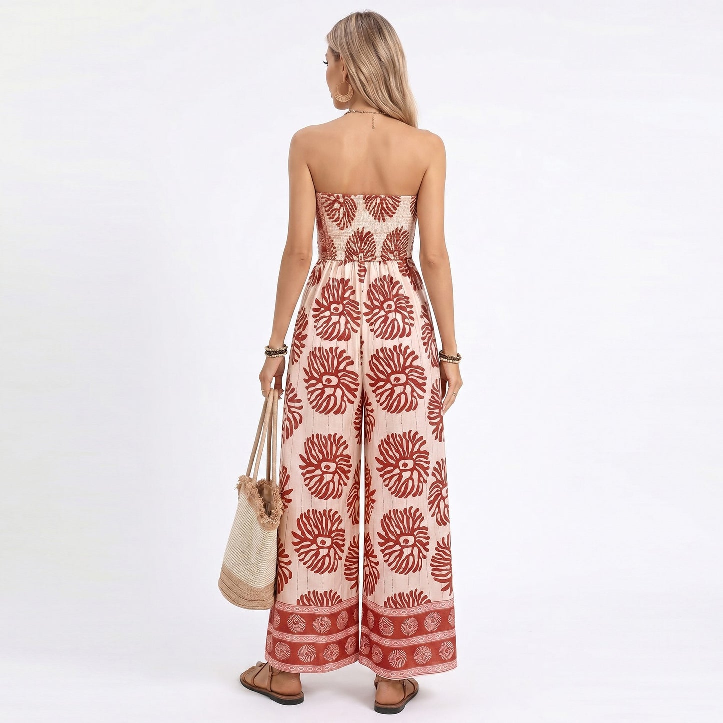 Strapless Wide Leg Jumpsuit with Tie Front Bodice and Printed Design