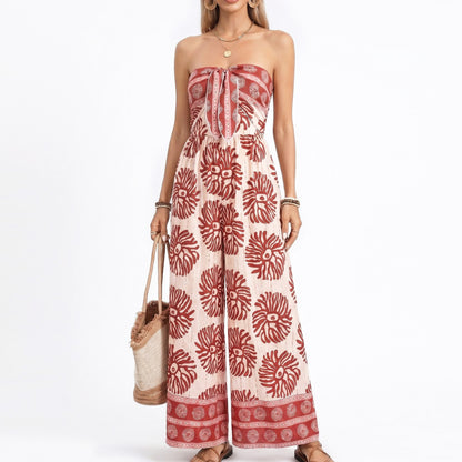 Strapless Wide Leg Jumpsuit with Tie Front Bodice and Printed Design