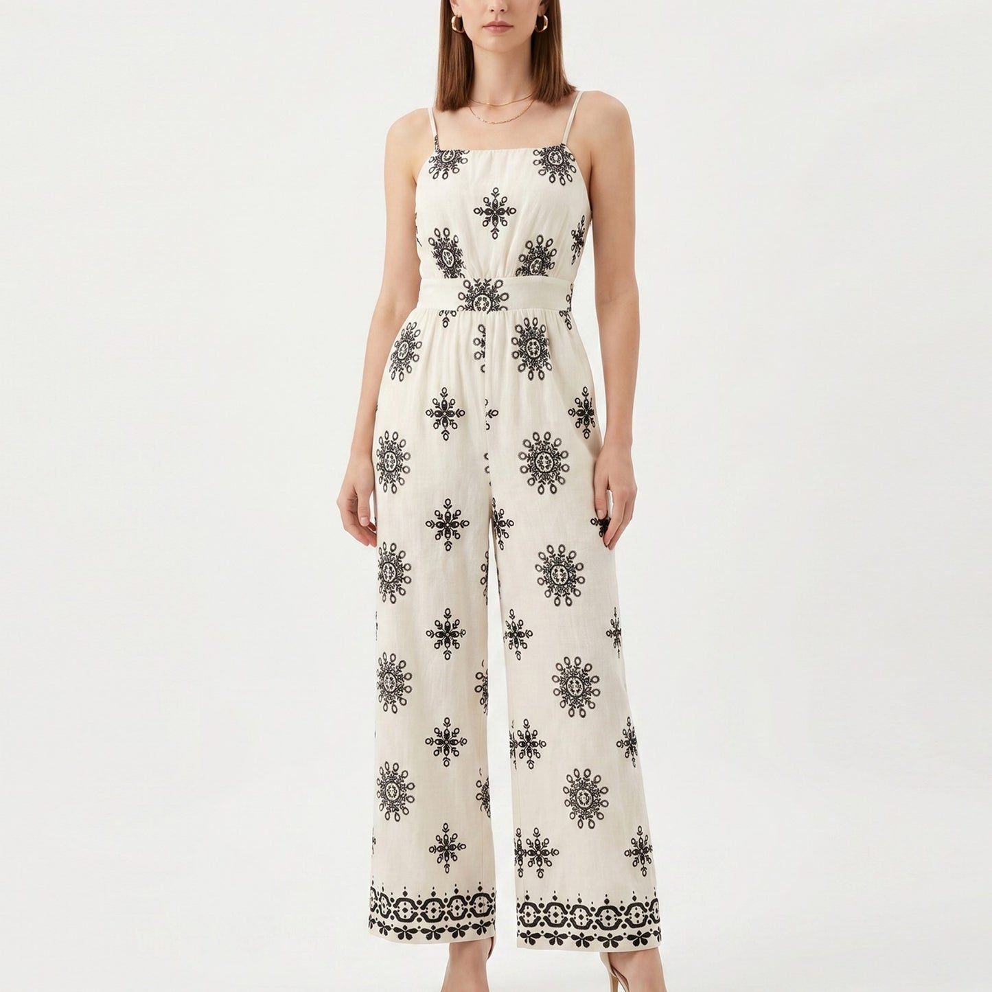 Printed Wide Leg Jumpsuit with Spaghetti Straps and Smocked Back