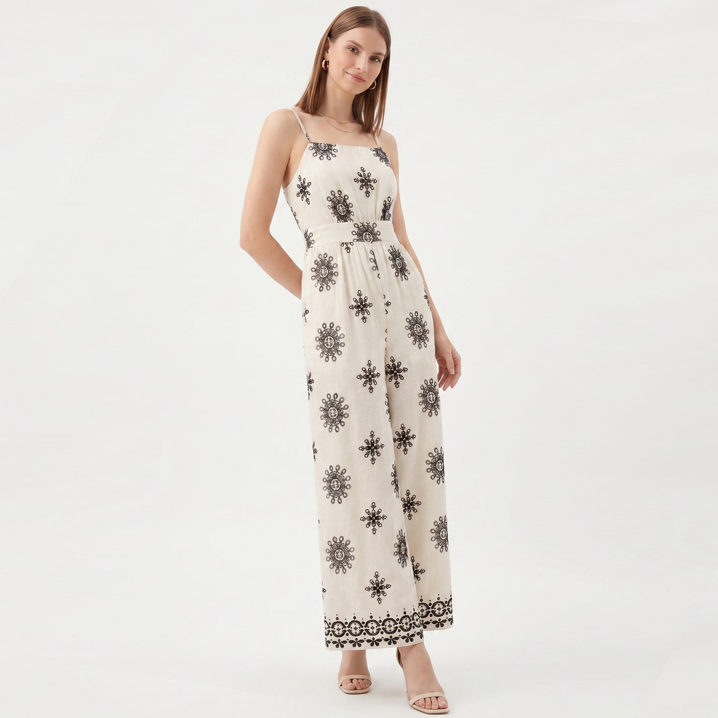 Printed Wide Leg Jumpsuit with Spaghetti Straps and Smocked Back