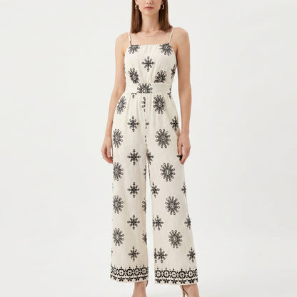 Printed Wide Leg Jumpsuit with Spaghetti Straps and Smocked Back