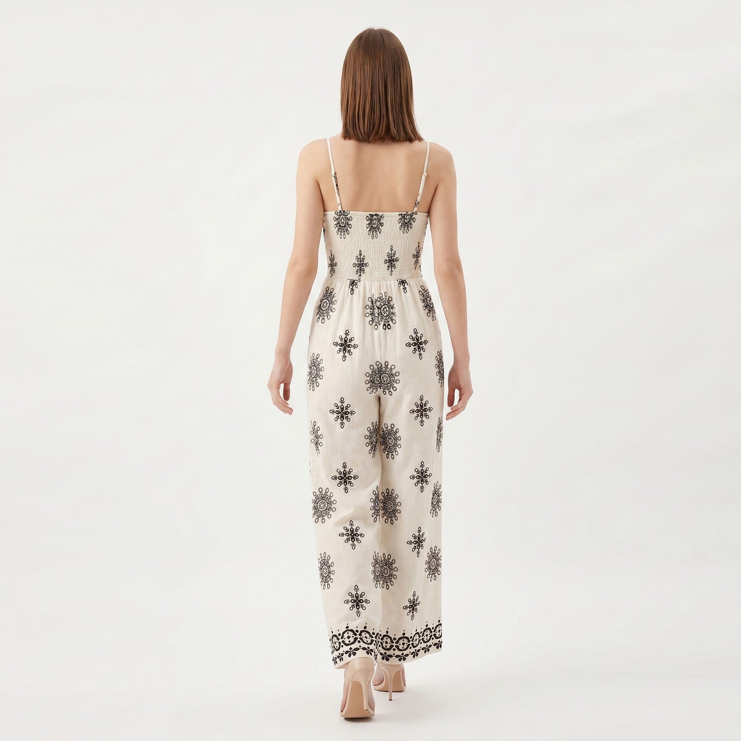 Printed Wide Leg Jumpsuit with Spaghetti Straps and Smocked Back