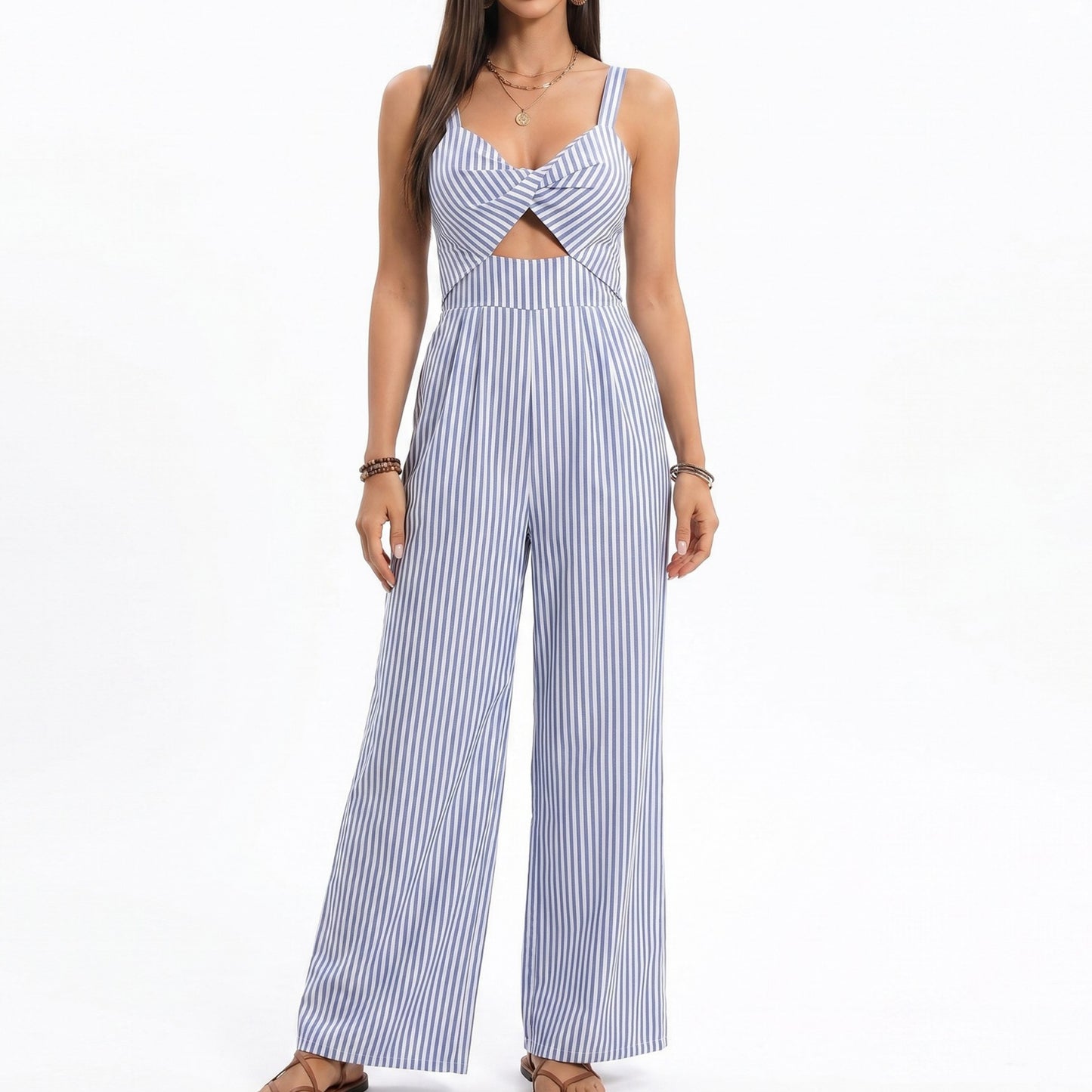 Striped Wide Leg Jumpsuit with Twist Front Cutout and Spaghetti Straps