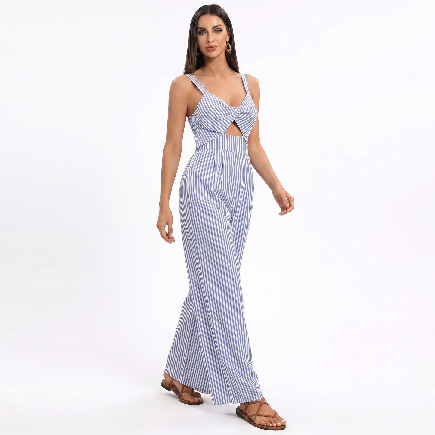 Striped Wide Leg Jumpsuit with Twist Front Cutout and Spaghetti Straps