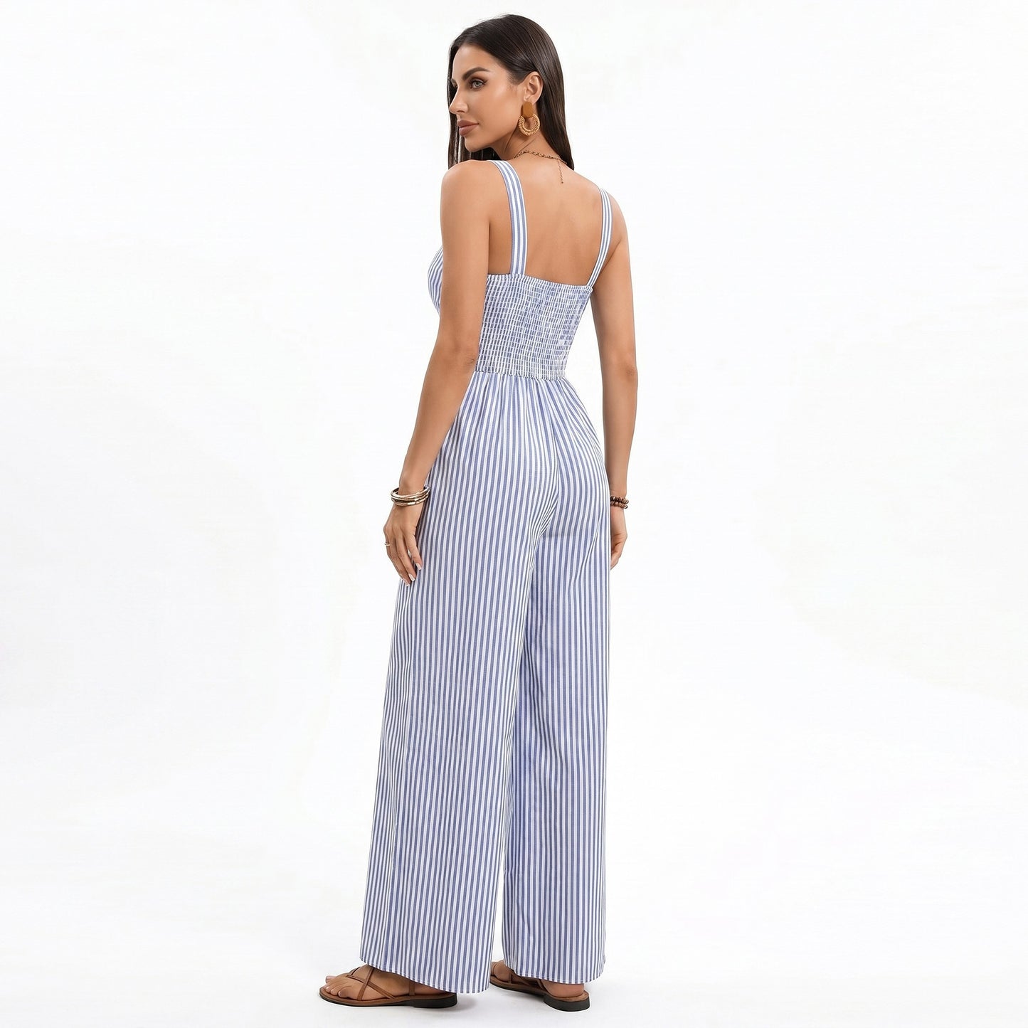 Striped Wide Leg Jumpsuit with Twist Front Cutout and Spaghetti Straps