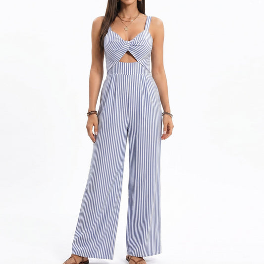 Striped Wide Leg Jumpsuit with Twist Front Cutout and Spaghetti Straps