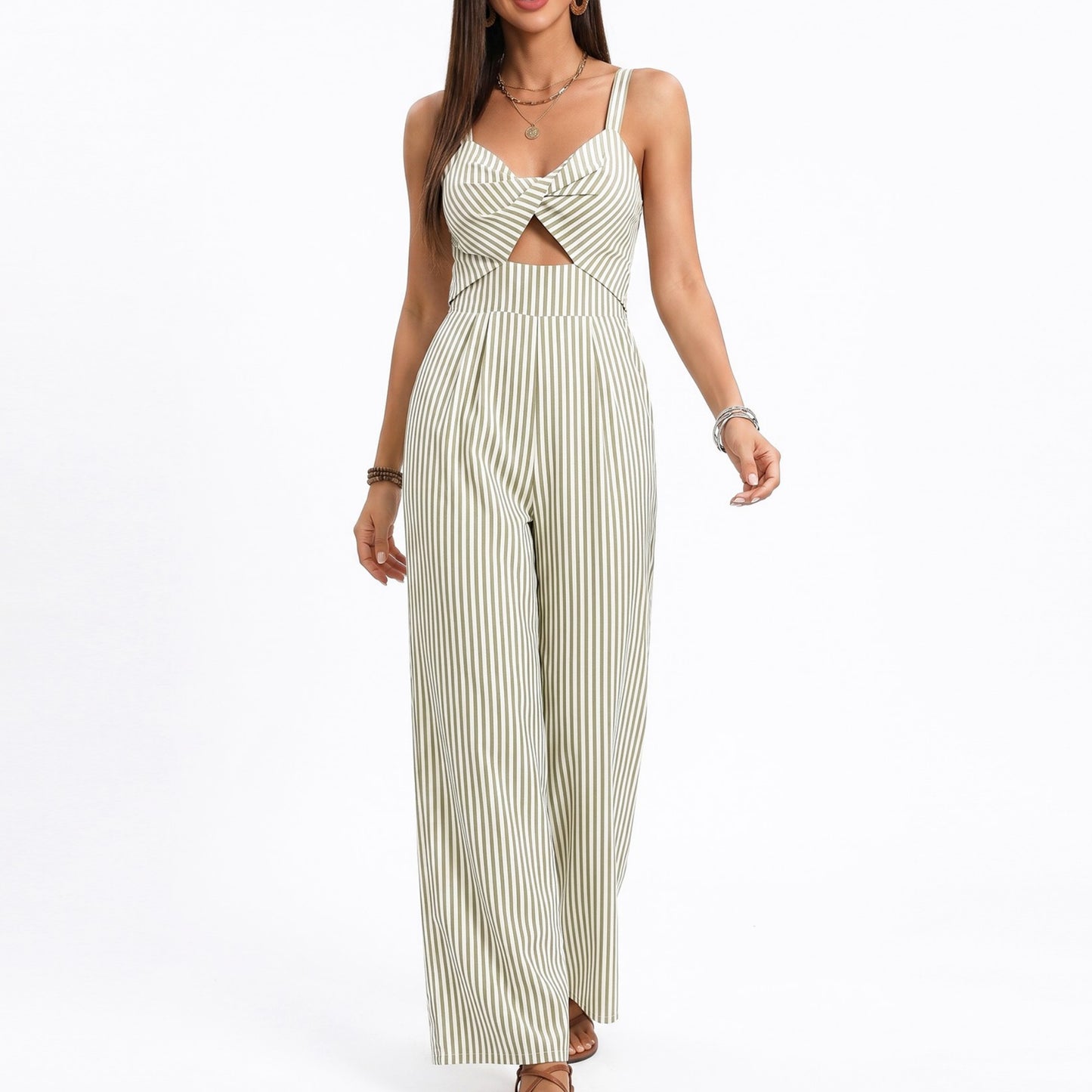 Striped Wide Leg Jumpsuit with Twist Front Cutout and Spaghetti Straps