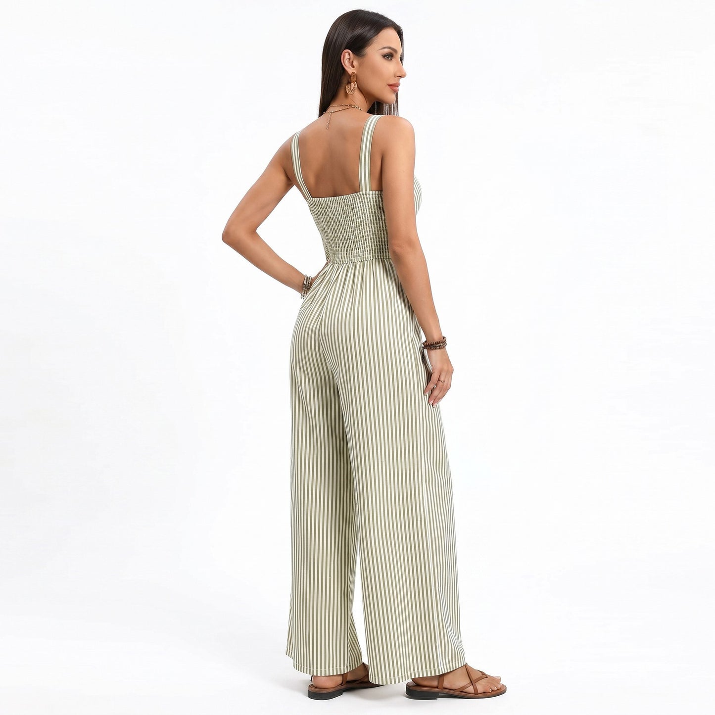 Striped Wide Leg Jumpsuit with Twist Front Cutout and Spaghetti Straps