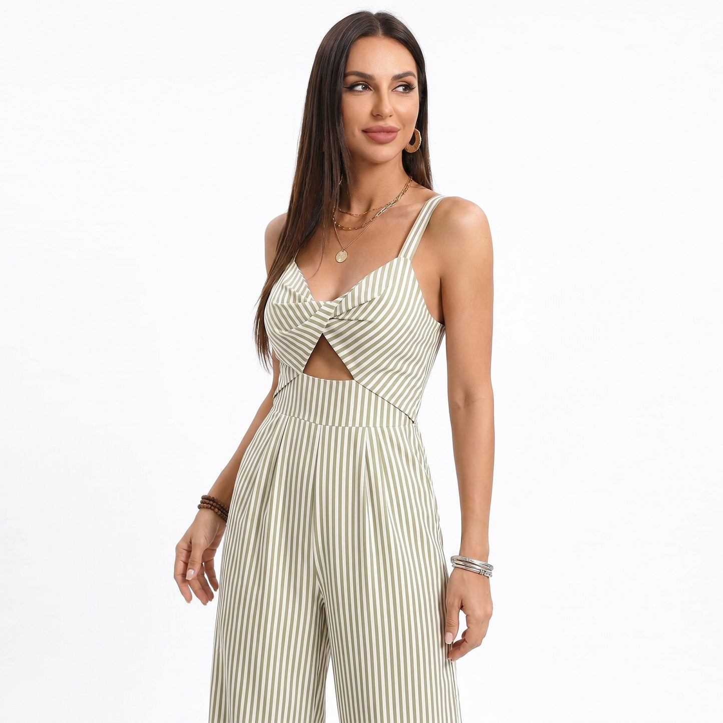 Striped Wide Leg Jumpsuit with Twist Front Cutout and Spaghetti Straps