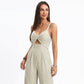 Striped Wide Leg Jumpsuit with Twist Front Cutout and Spaghetti Straps