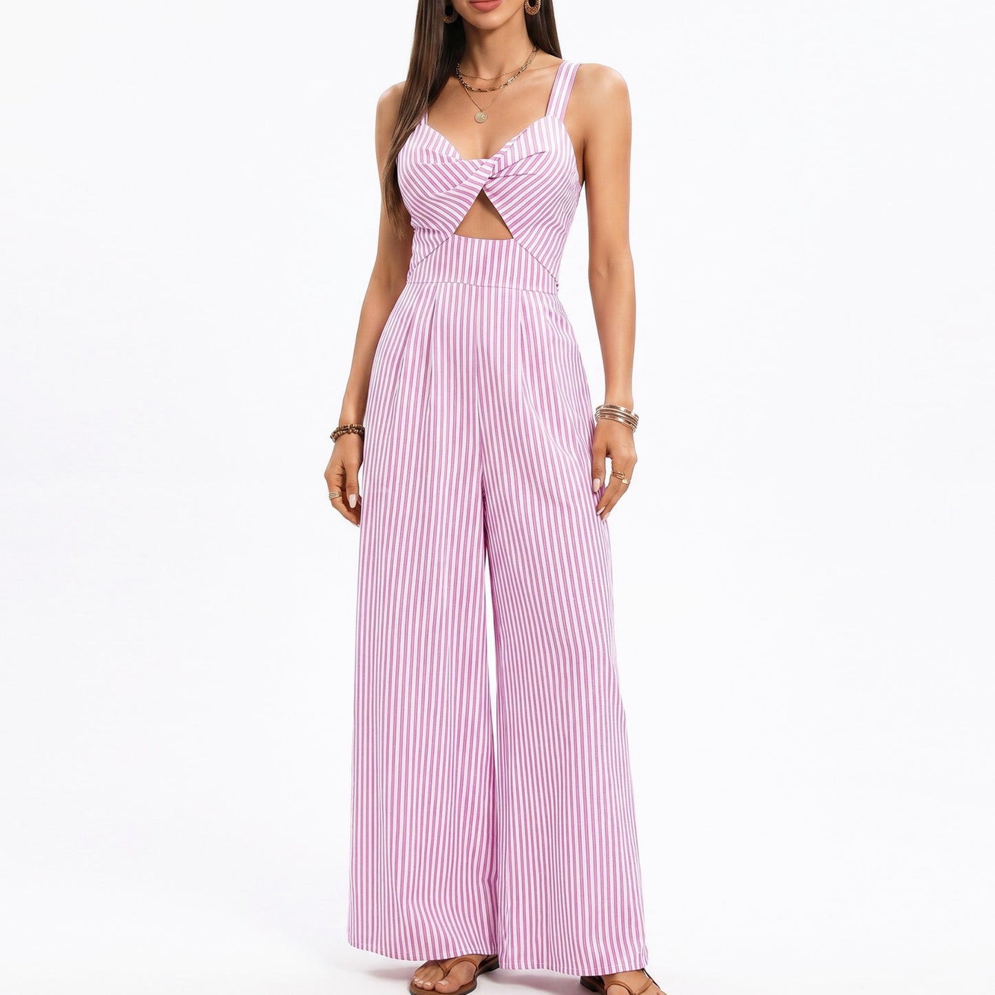 Striped Wide Leg Jumpsuit with Twist Front Cutout and Spaghetti Straps