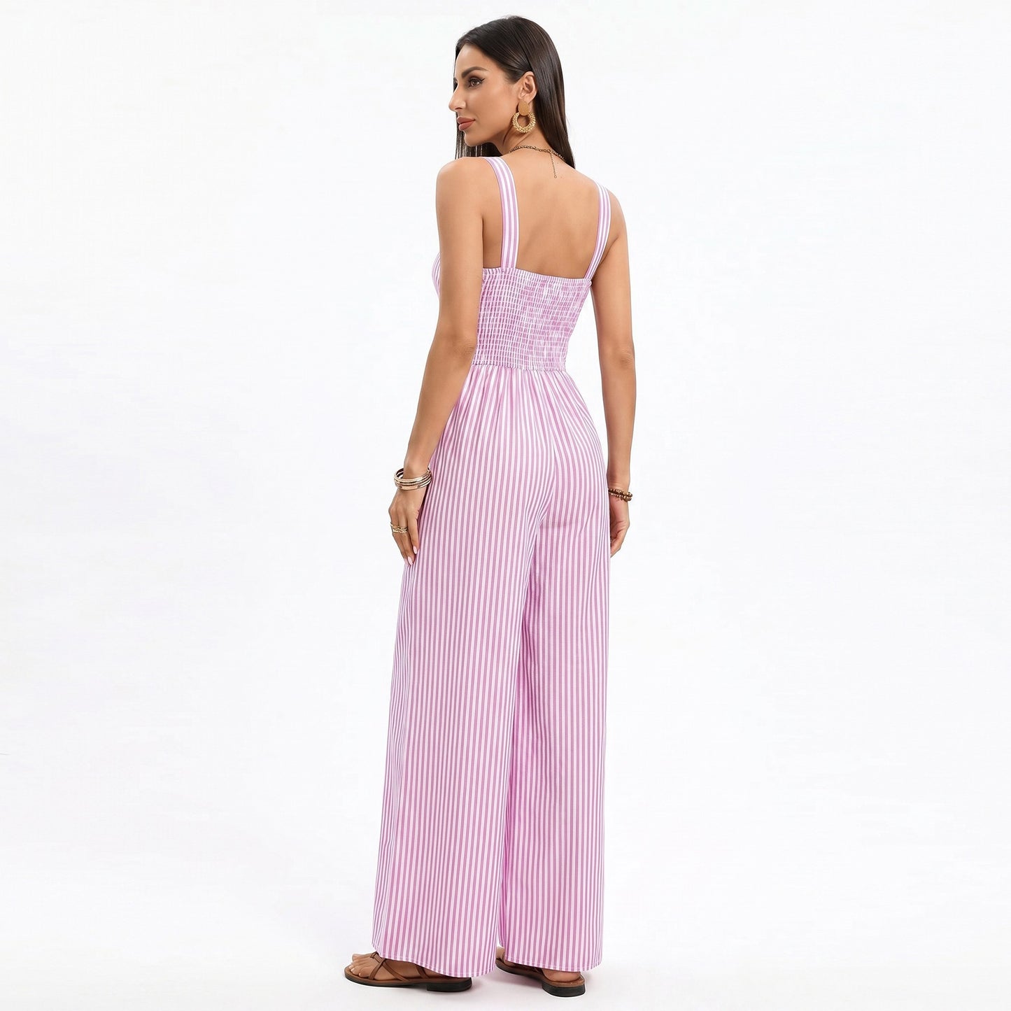 Striped Wide Leg Jumpsuit with Twist Front Cutout and Spaghetti Straps