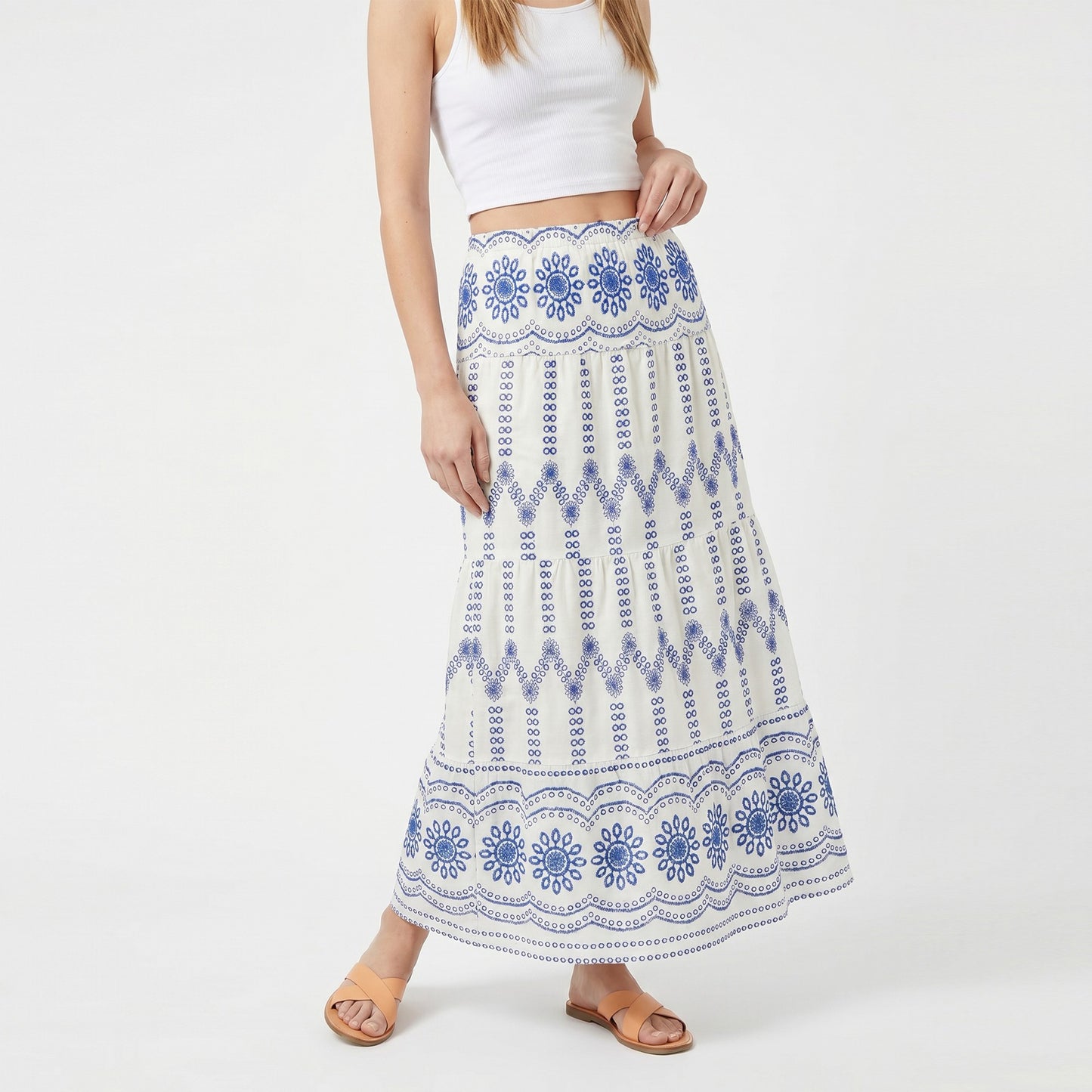 Embroidered Maxi Skirt with Tiered A Line Silhouette and Border Detail