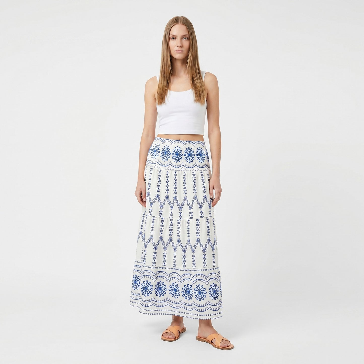 Embroidered Maxi Skirt with Tiered A Line Silhouette and Border Detail