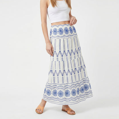 Embroidered Maxi Skirt with Tiered A Line Silhouette and Border Detail