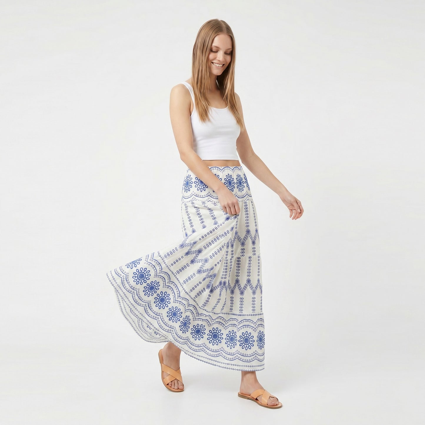 Embroidered Maxi Skirt with Tiered A Line Silhouette and Border Detail