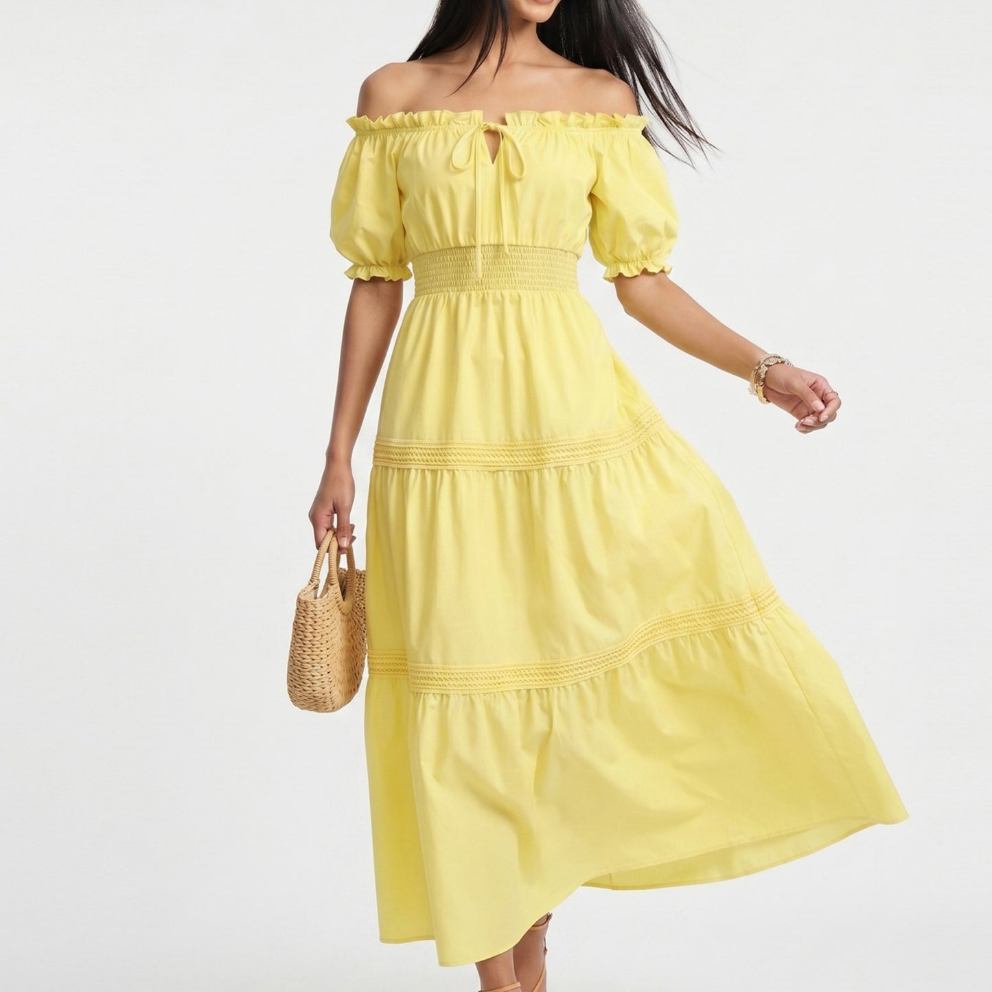 Off Shoulder Maxi Dress with Smocked Waist and Tiered Skirt