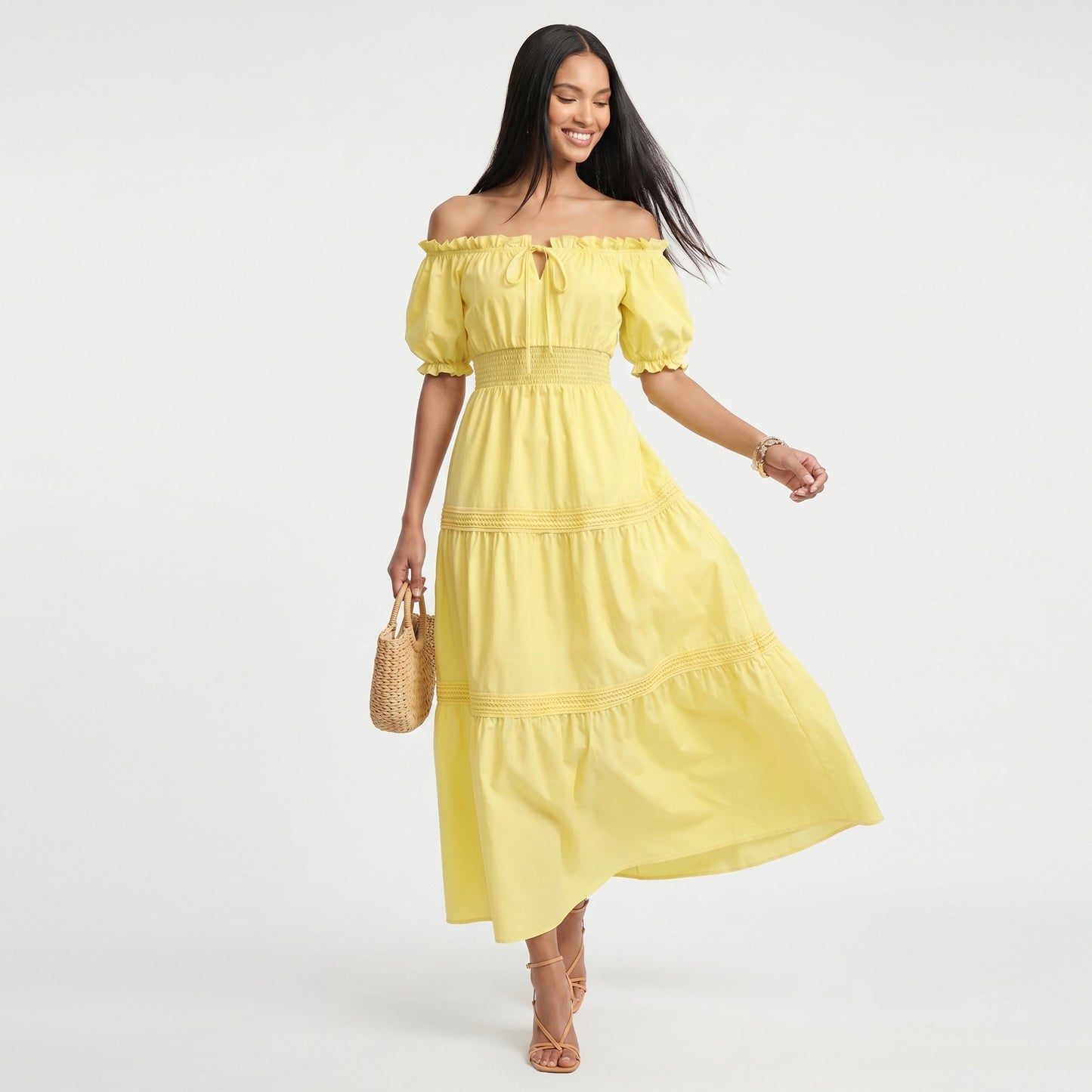 Off Shoulder Maxi Dress with Smocked Waist and Tiered Skirt
