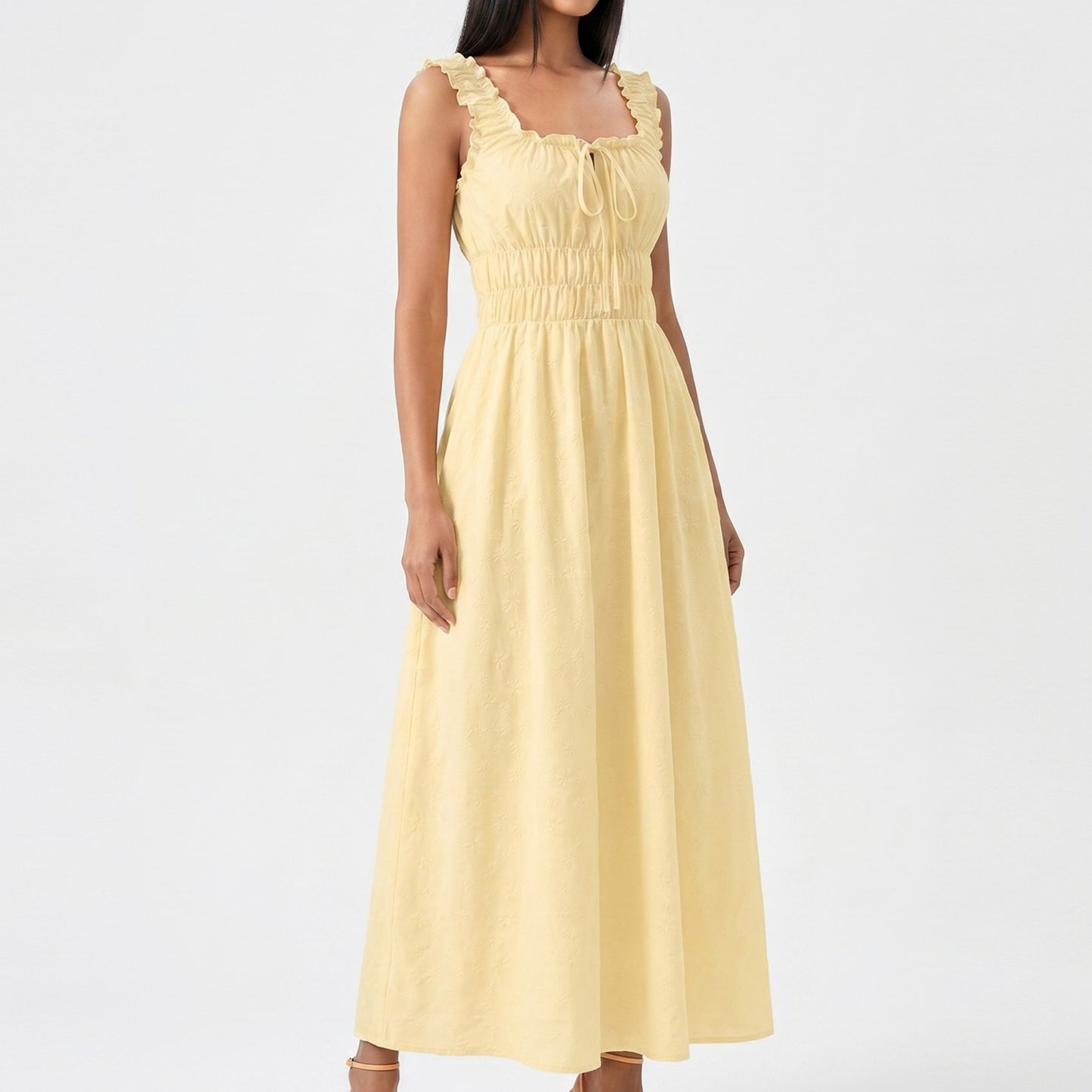 Smocked Maxi Dress with Ruffle Straps and Tie Front Neckline