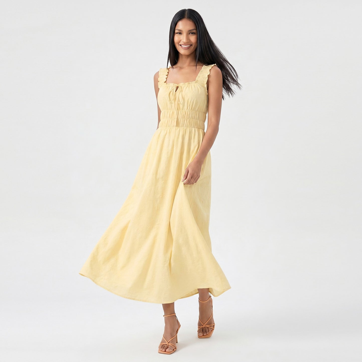 Smocked Maxi Dress with Ruffle Straps and Tie Front Neckline