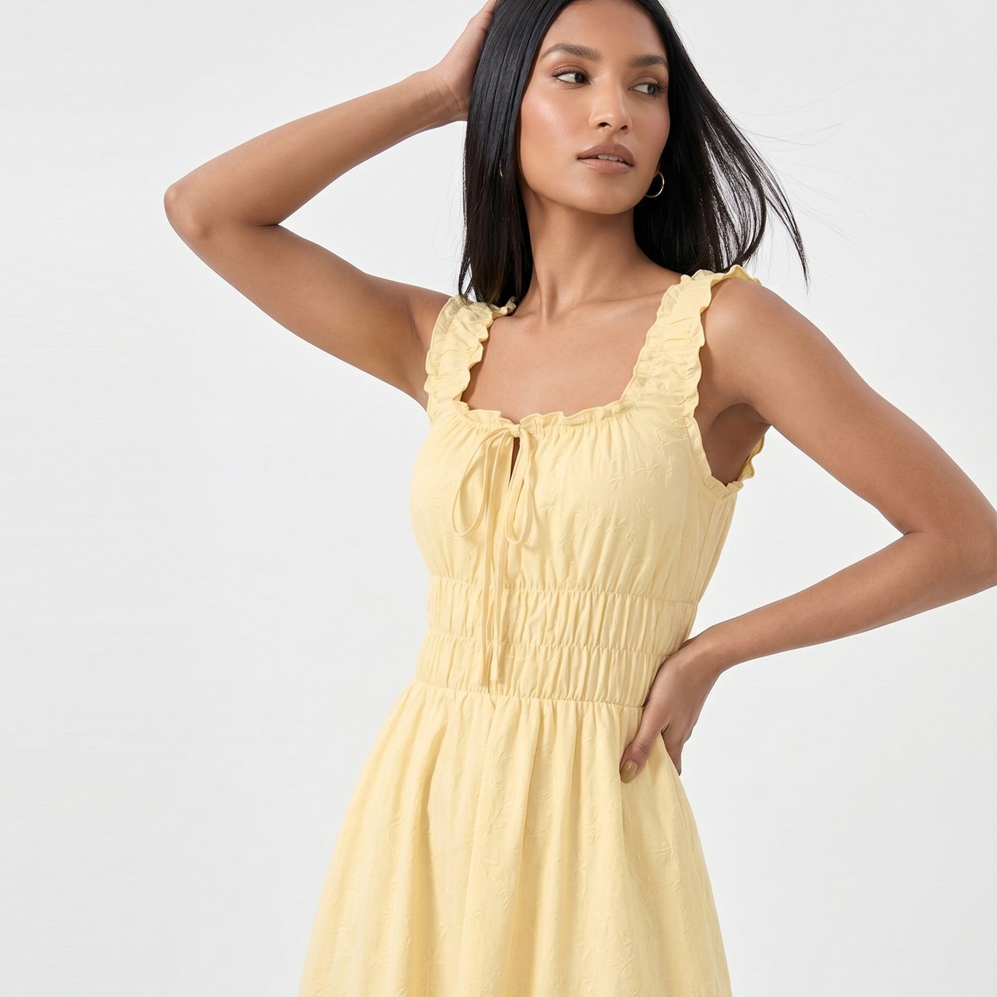 Smocked Maxi Dress with Ruffle Straps and Tie Front Neckline