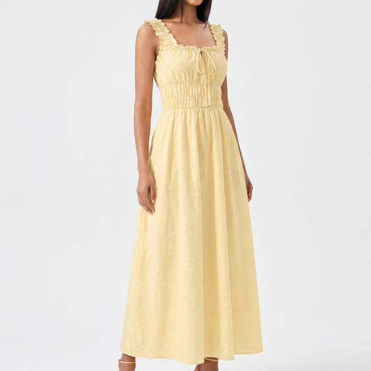Smocked Maxi Dress with Ruffle Straps and Tie Front Neckline