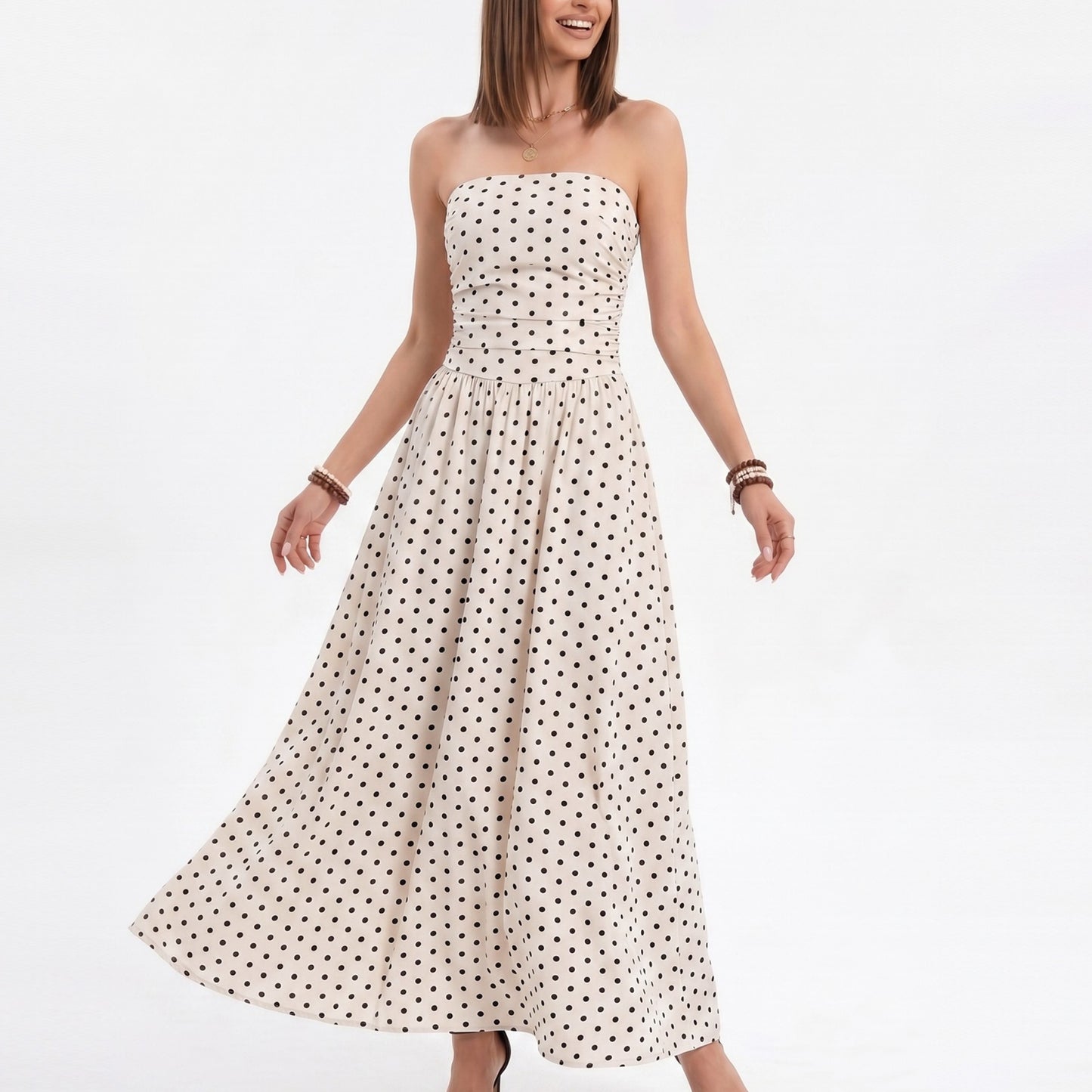 Polka Dot Strapless Maxi Dress with Ruched Bodice and Full Skirt