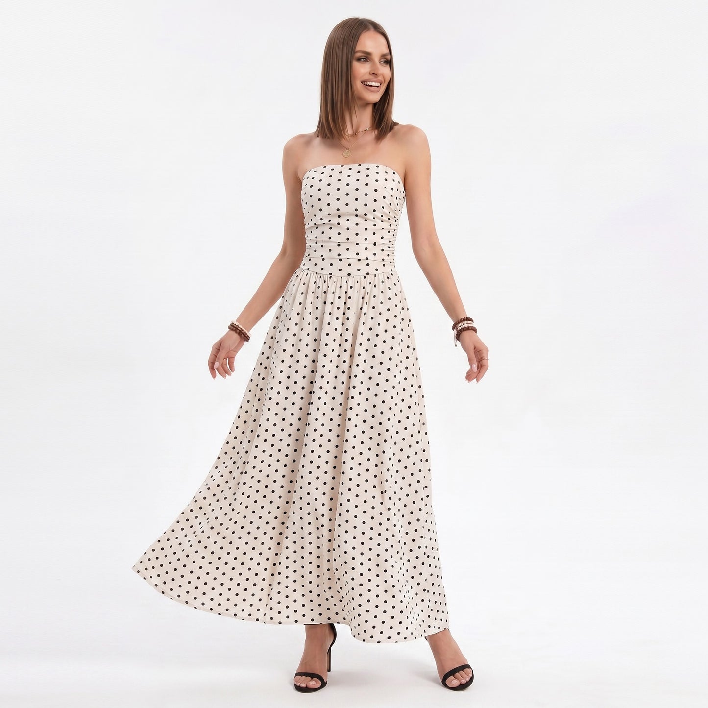 Polka Dot Strapless Maxi Dress with Ruched Bodice and Full Skirt