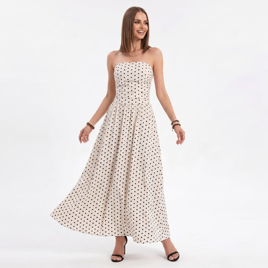 Polka Dot Strapless Maxi Dress with Ruched Bodice and Full Skirt