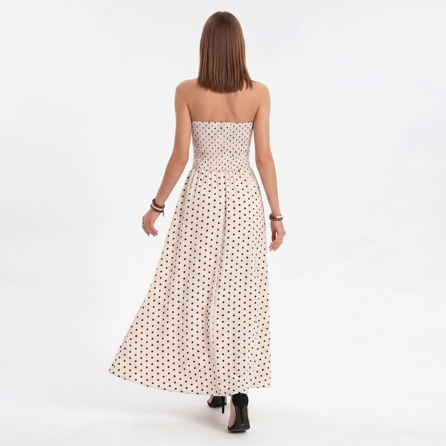 Polka Dot Strapless Maxi Dress with Ruched Bodice and Full Skirt