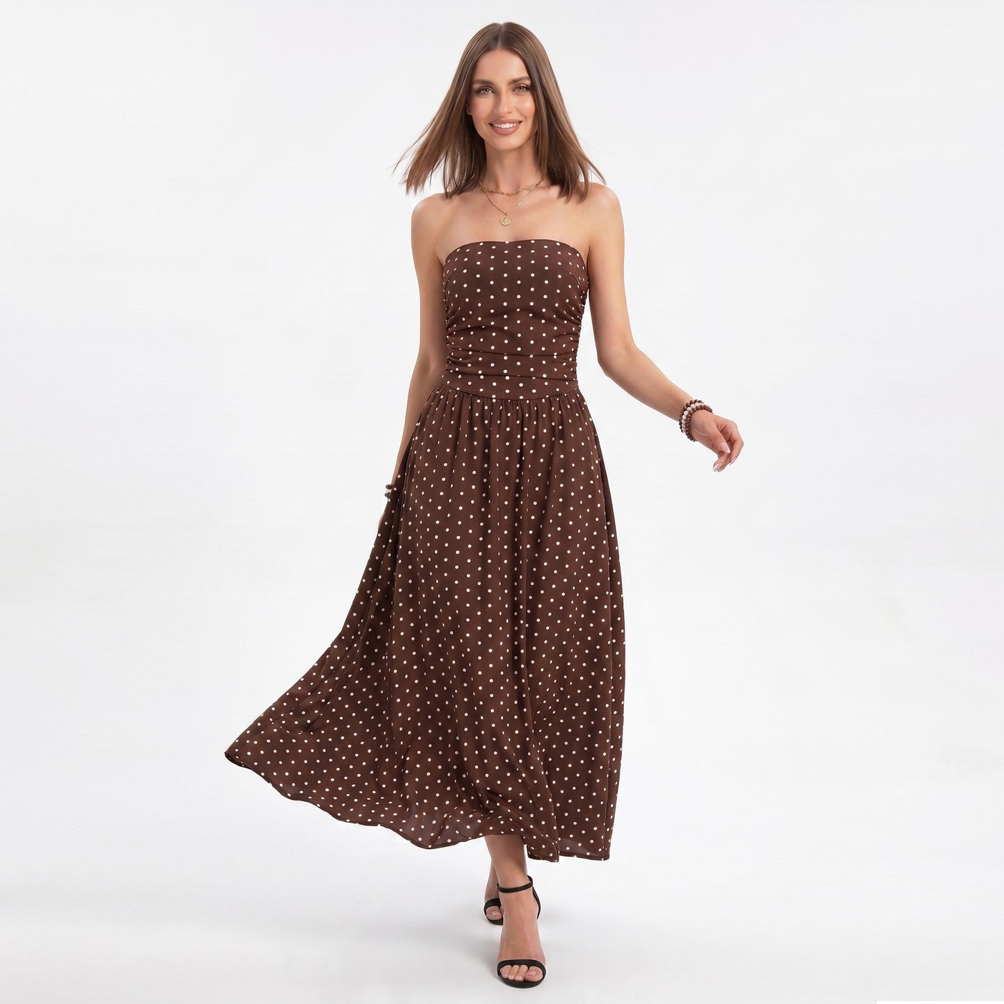 Polka Dot Strapless Maxi Dress with Ruched Bodice and Full Skirt