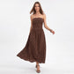 Polka Dot Strapless Maxi Dress with Ruched Bodice and Full Skirt