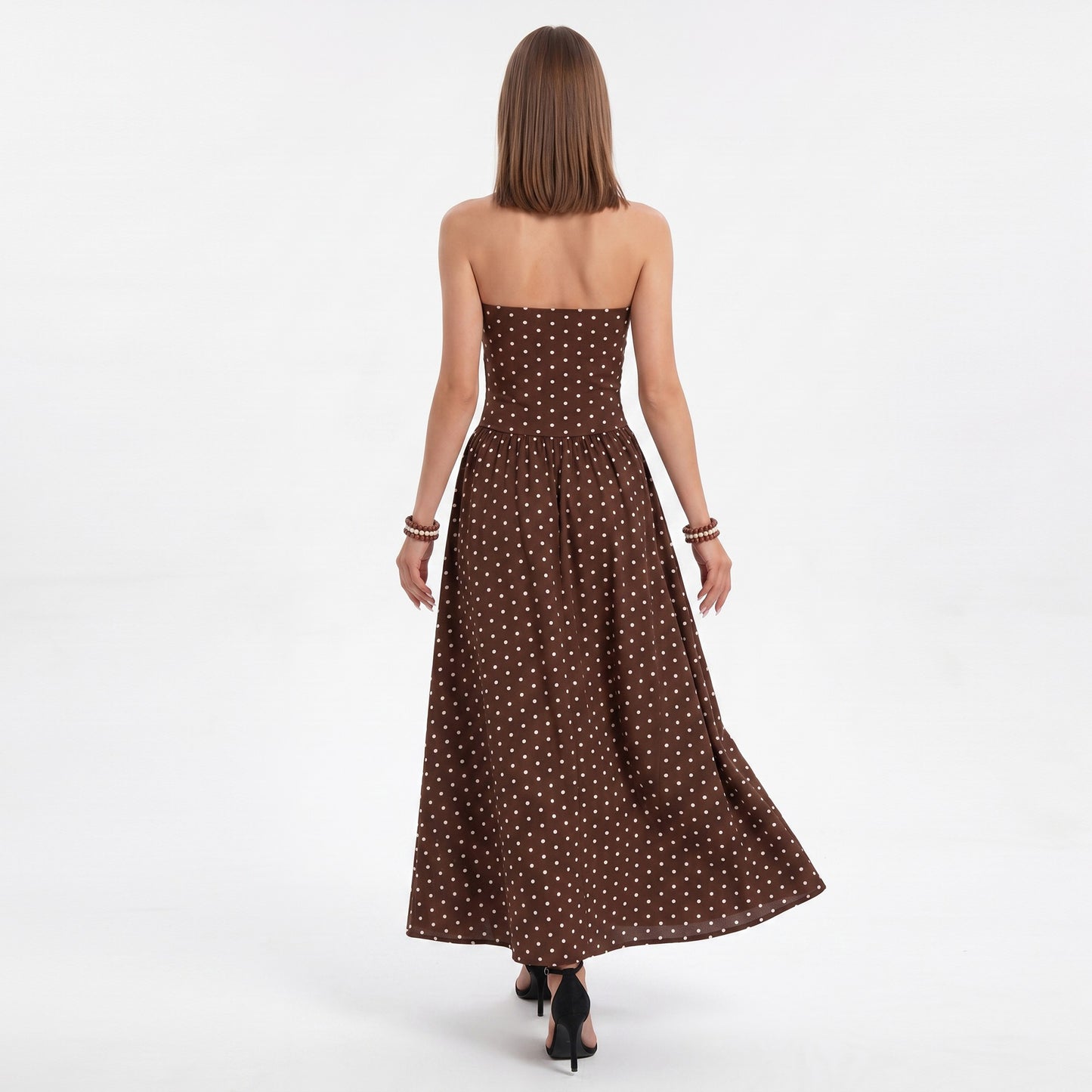 Polka Dot Strapless Maxi Dress with Ruched Bodice and Full Skirt