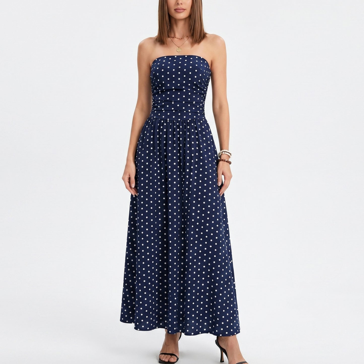 Polka Dot Strapless Maxi Dress with Ruched Bodice and Full Skirt