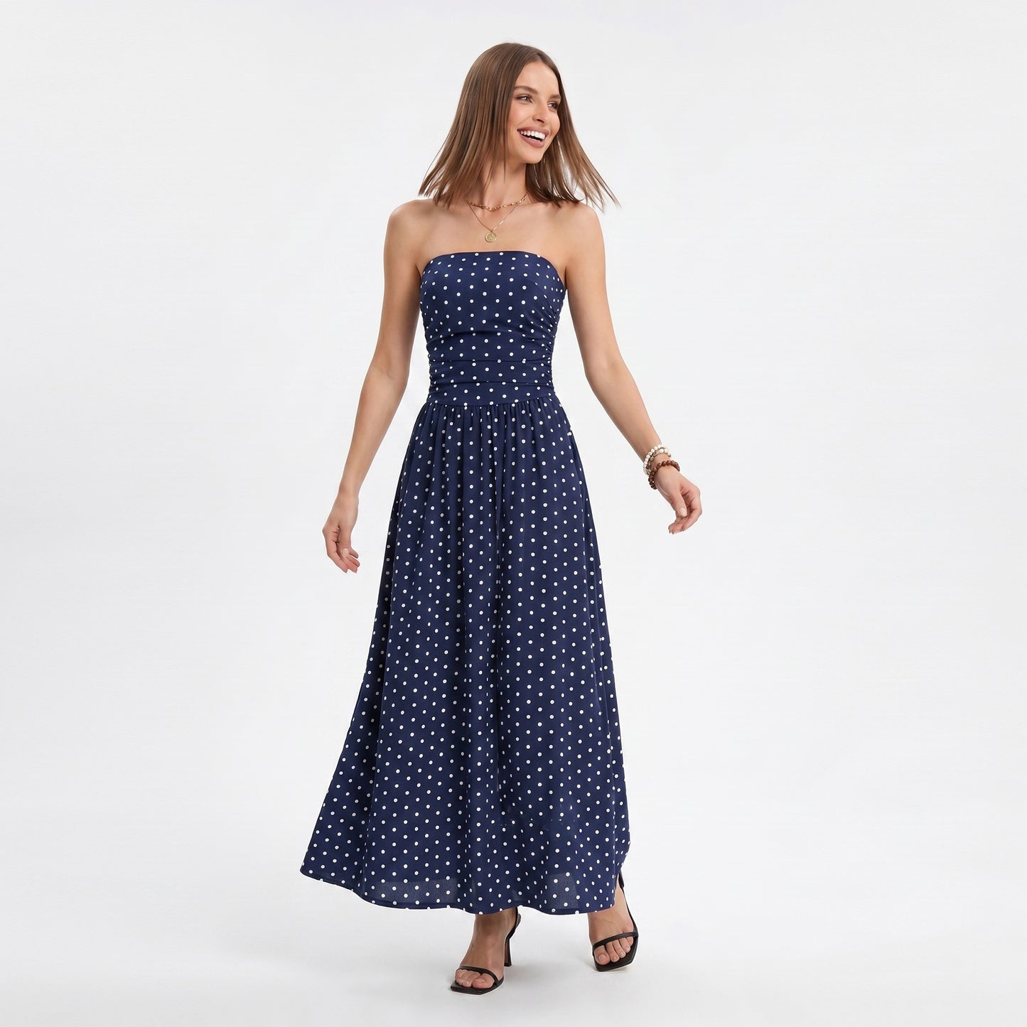 Polka Dot Strapless Maxi Dress with Ruched Bodice and Full Skirt