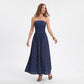Polka Dot Strapless Maxi Dress with Ruched Bodice and Full Skirt