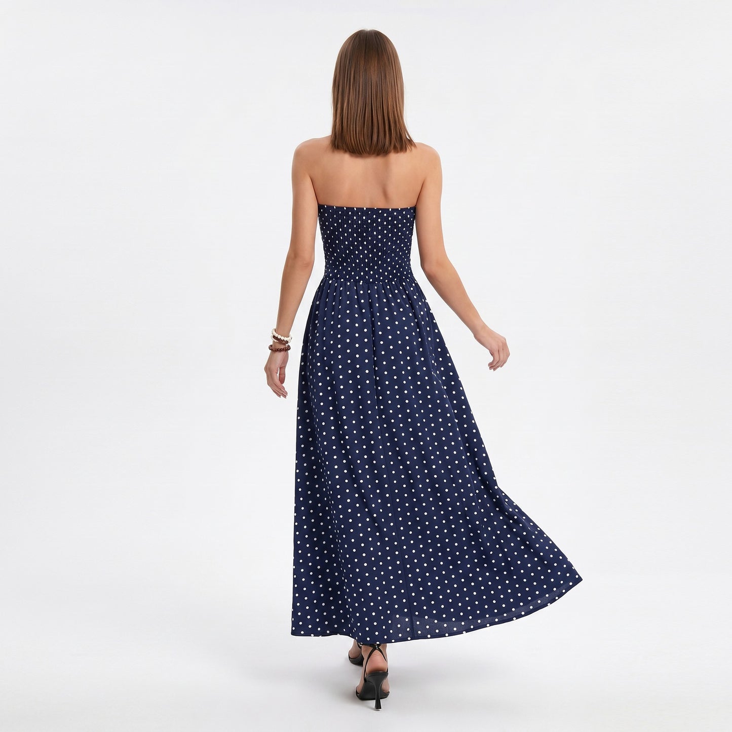 Polka Dot Strapless Maxi Dress with Ruched Bodice and Full Skirt