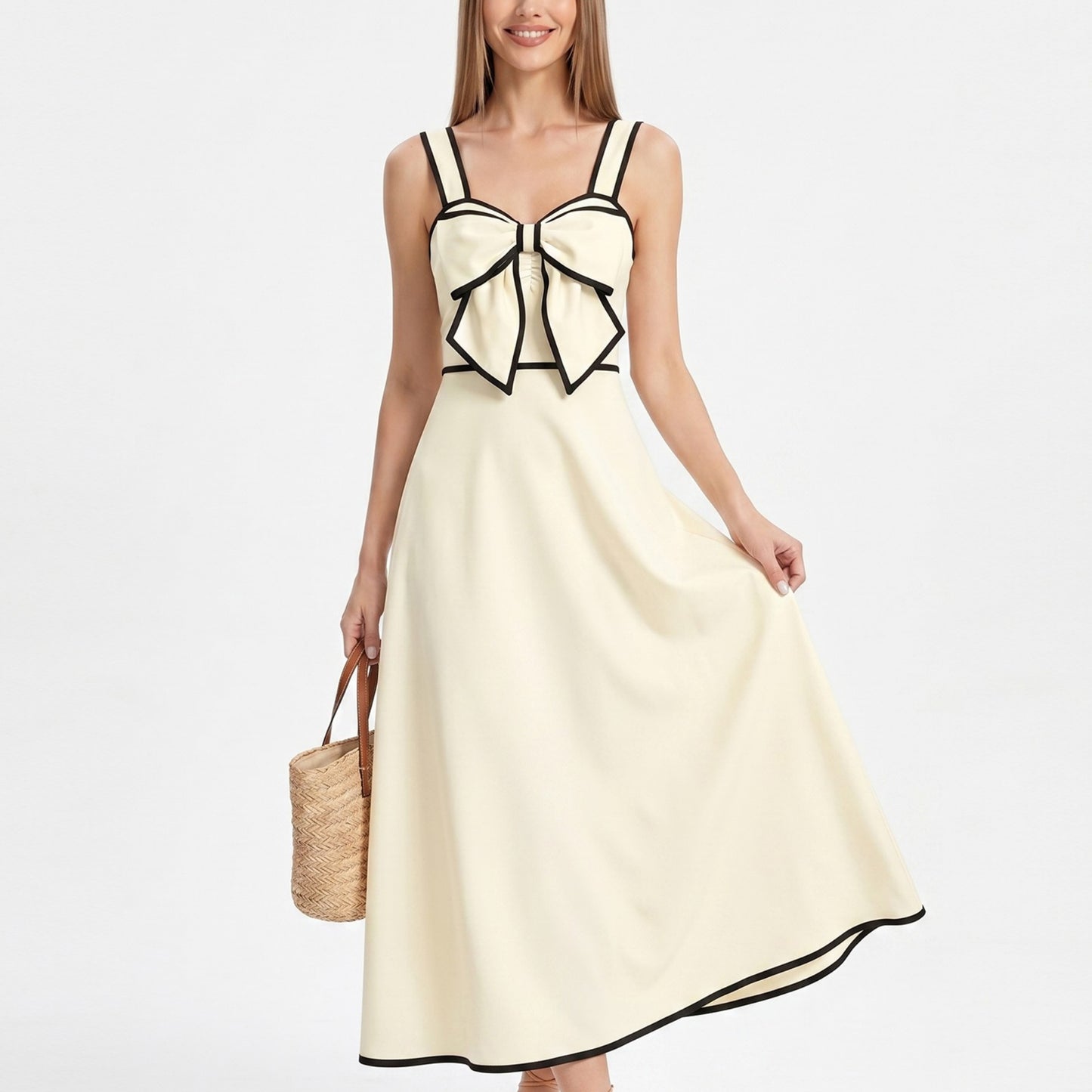 Bow Front Maxi Dress with Contrast Trim and Wide Straps