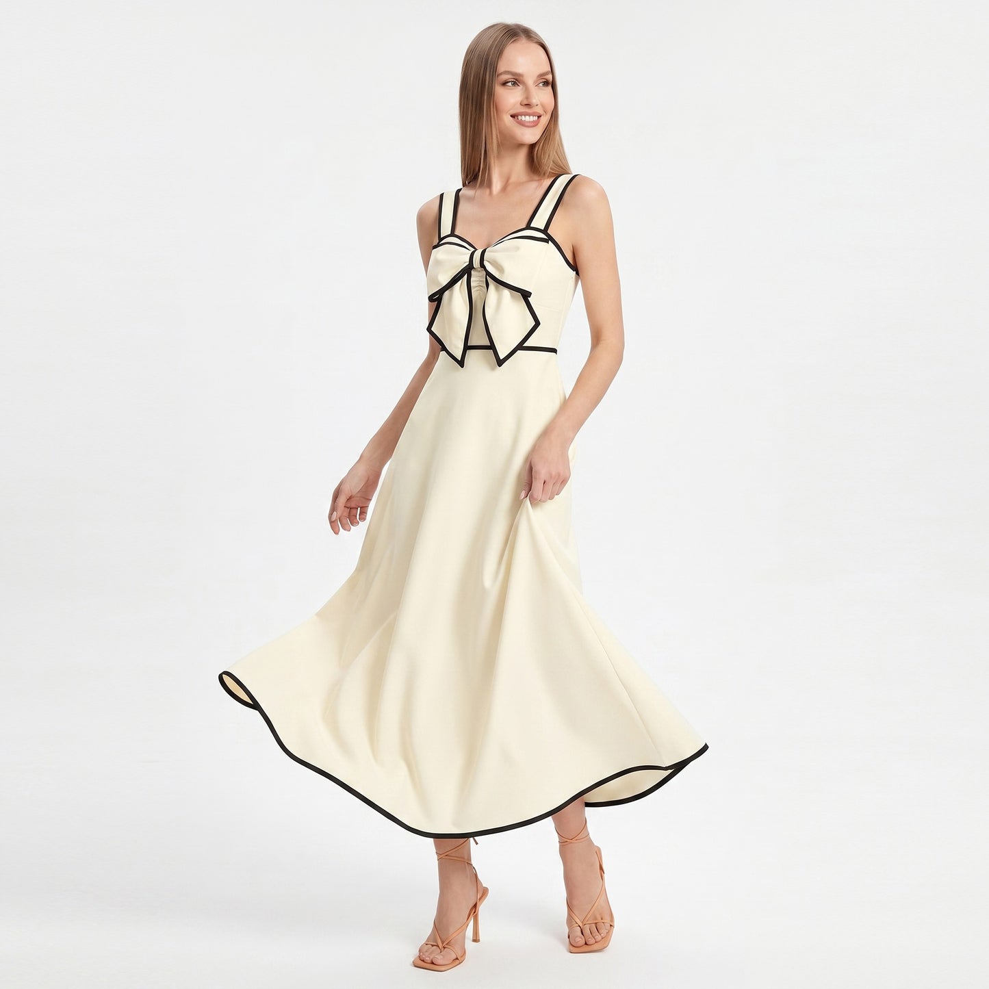 Bow Front Maxi Dress with Contrast Trim and Wide Straps