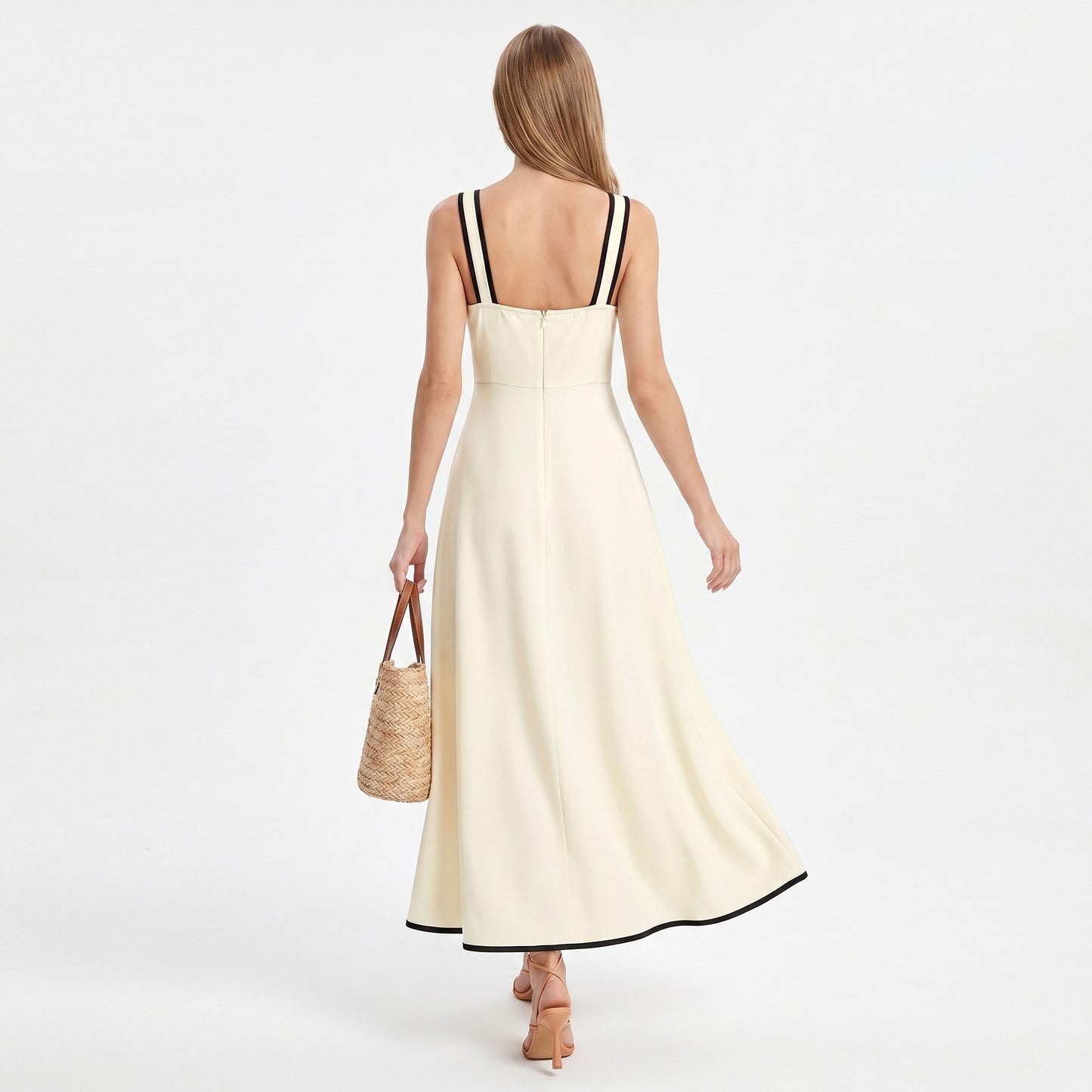 Bow Front Maxi Dress with Contrast Trim and Wide Straps